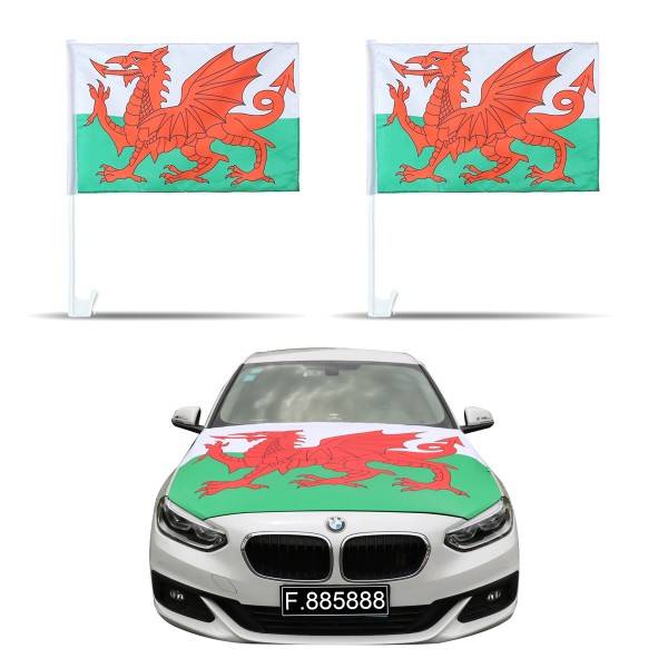 Sonia Originelli Aut-Fan-Paket EM "Wales" Fußball Flaggen Außenspiegel Motorhaubenüberzug