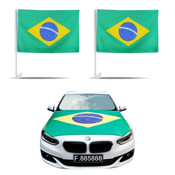 Sonia Originelli Auto-Fan-Paket EM "Brasilien" Brazil Brasil Fußball Flaggen Außenspiegel 3D Magnet Motorhaubenüberzu