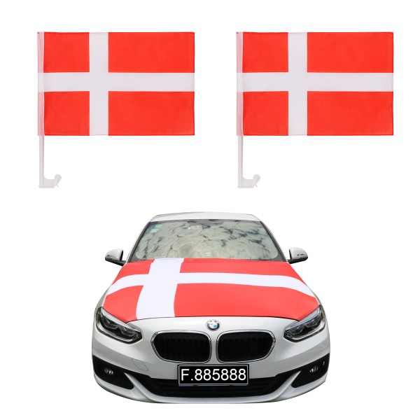 Sonia Originelli Auto-Fan-Paket EM "Dänemark" Denmark Fußball Flaggen Außenspiegel 3D Magnet Motorhaubenüberzug