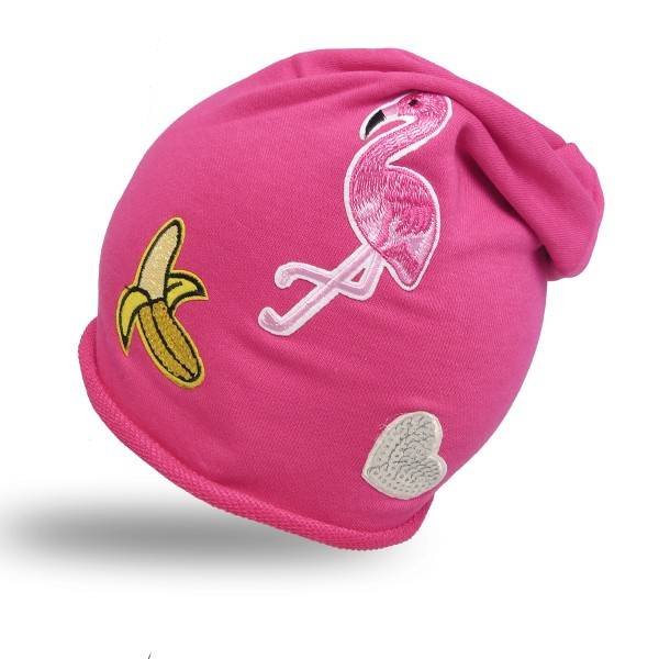 Sonia Originelli Beanie Mütze Kind Patch Aufnäher Banane Flamingo Herz trend Baumwolle
