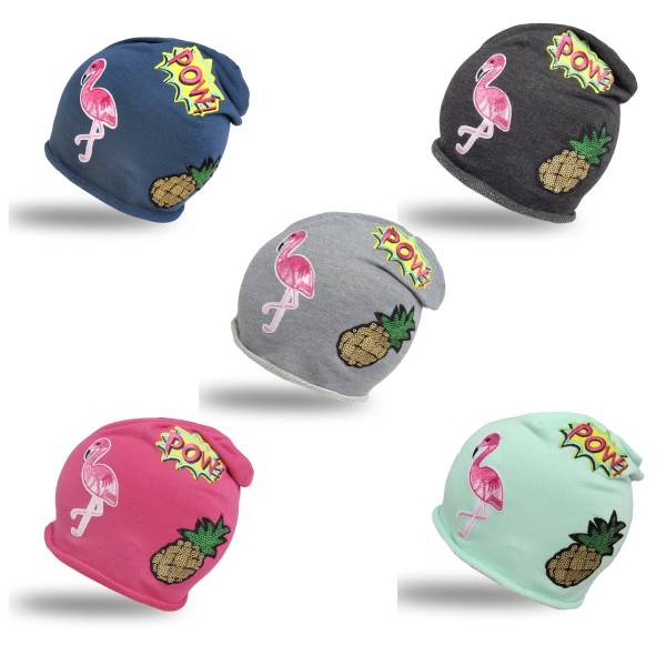 Sonia Originelli Beanie Mütze Kind Patch Aufnäher Flamingo Ananas Pow Trend Baumwolle