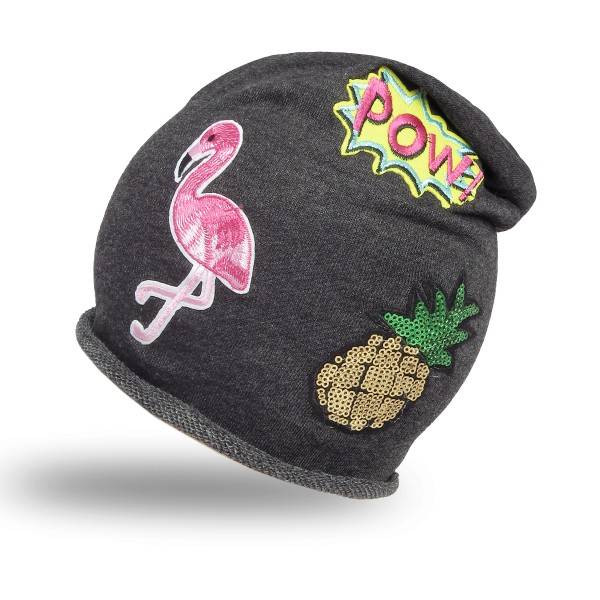 Sonia Originelli Beanie Mütze Kind Patch Aufnäher Flamingo Ananas Pow trend Baumwolle