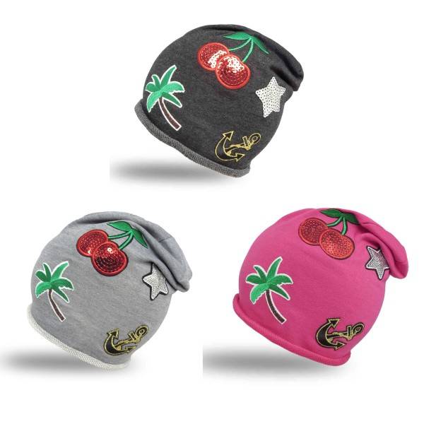 Sonia Originelli Beanie Mütze Kind Patch Aufnäher Kirsche Anker Palme Trend Baumwolle