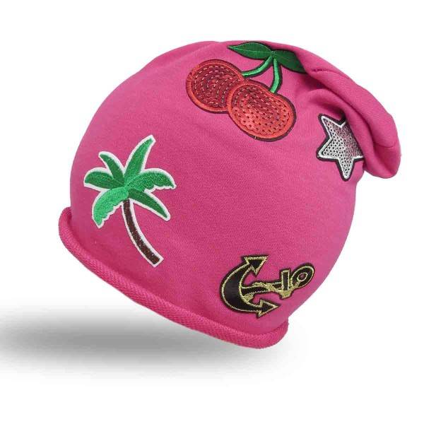 Sonia Originelli Beanie Mütze Kind Patch Aufnäher Kirsche Anker Palme trend Baumwolle