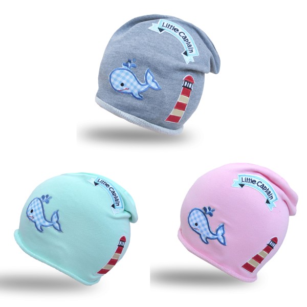 Sonia Originelli Beanie Mütze Kind Patch Aufnäher Leuchtturm Maritim Wal Trend Baumwolle