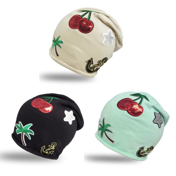 Sonia Originelli Beanie Mütze Patch Aufnäher Kirsche Anker Palme Trend Baumwolle