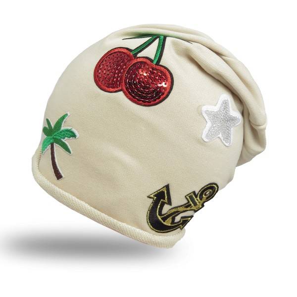 Sonia Originelli Beanie Mütze Patch Aufnäher Kirsche Anker Palme trend Baumwolle