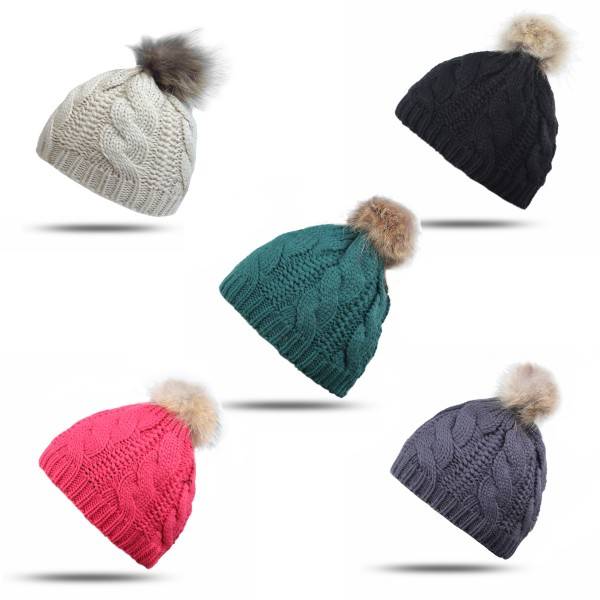 Sonia Originelli Bommelmütze Echtfell Waschbär Bommel Winter Strick Wolle
