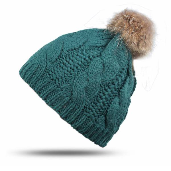 Sonia Originelli Bommelmütze Echtfell Waschbär Bommel Winter Strick Wolle