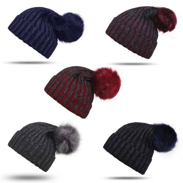 Sonia Originelli Bommelmütze "Metallic" Silbergarn Kunstfell Knopfverschluss