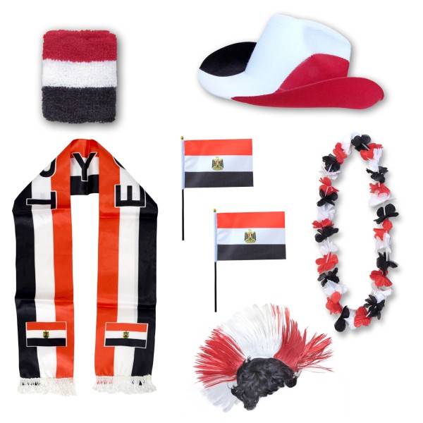 Sonia Originelli Fan-Paket "Ägypten" Egypt WM EM Fußball Schal Hawaiikette Hut Schweissband Fahne Iro Perücke