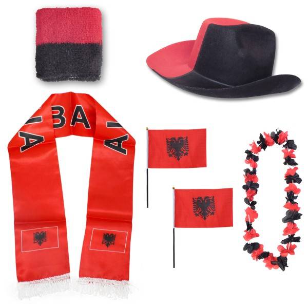 Sonia Originelli Fan-Paket "Albanien" Albania WM EM Fußball Schal Hawaiikette Hut Schweissband Fahne Flagge