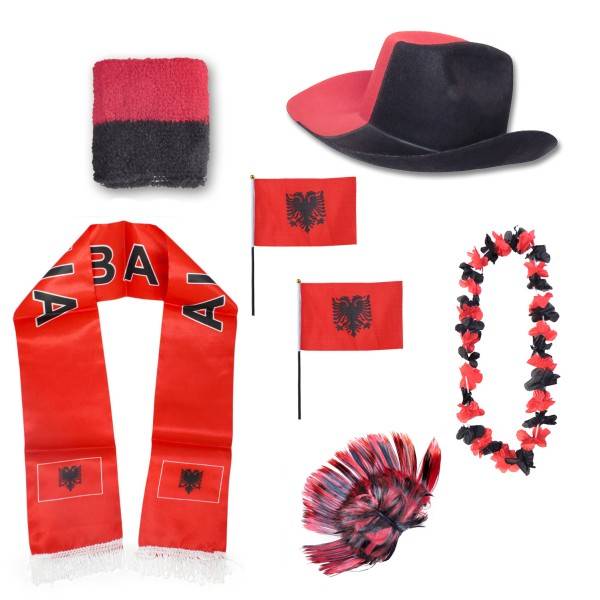 Sonia Originelli Fan-Paket "Albanien" Albania WM EM Fußball Schal Hawaiikette Hut Schweissband Fahne Iro Perücke