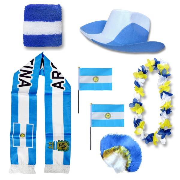 Sonia Originelli Fan-Paket "Argentinien" Argentina WM EM Fußball Schal Hawaiikette Hut Schweissband Fahne Iro Perücke