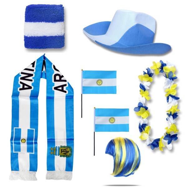 Sonia Originelli Fan-Paket "Argentinien" Argentina WM EM Fußball Schal Hawaiikette Hut Schweissband Fahne Iro Perücke