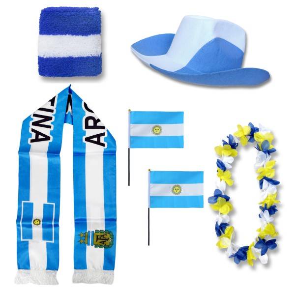 Sonia Originelli Fan-Paket "Argentinien" Argentina WM EM Fußball Schal Hawaiikette Hut Schweissband Fahne Flagge