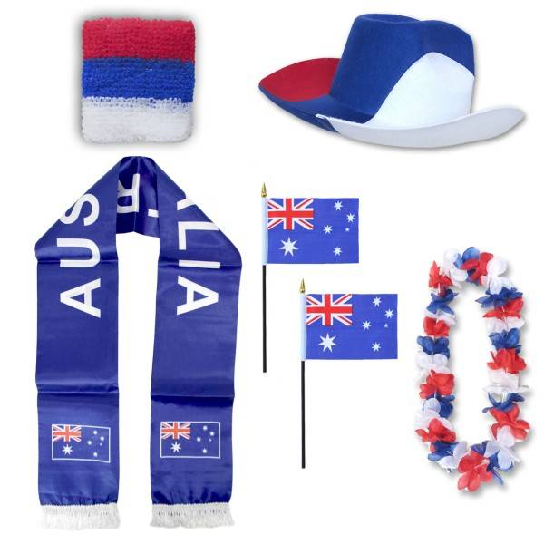 Sonia Originelli Fan-Paket "Australien" Australia WM EM Fußball Schal Hawaiikette Hut Schweissband Fahne Flagge