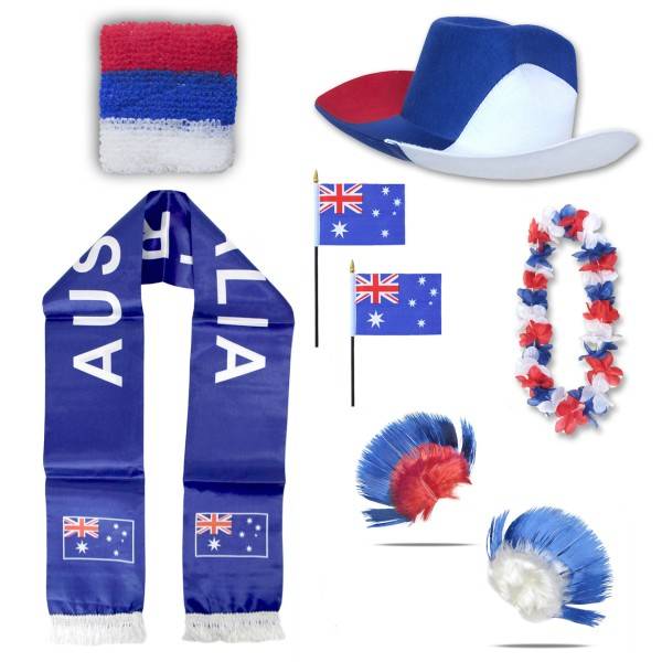 Sonia Originelli Fan-Paket "Australien" Australia WM EM Fußball Schal Hawaiikette Hut Schweissband Fahne Iro Perücke