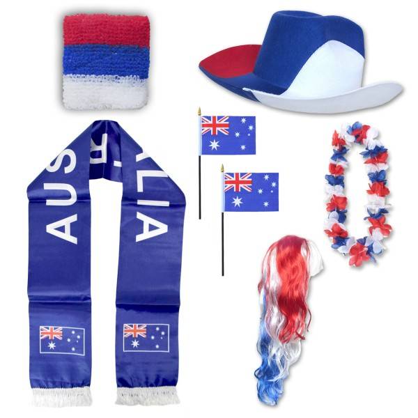 Sonia Originelli Fan-Paket "Australien" Australia WM EM Fußball Schal Hawaiikette Hut Schweissband Fahne Perücke