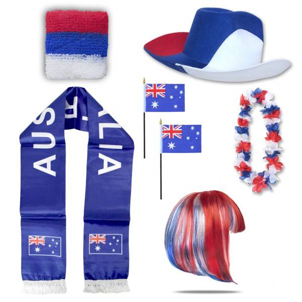Sonia Originelli Fan-Paket "Australien" Australia WM EM Fußball Schal Hawaiikette Hut Schweissband Fahne Perücke