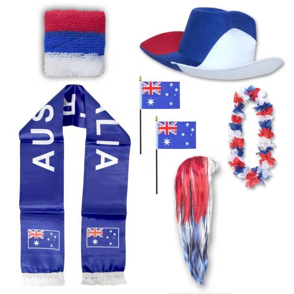 Sonia Originelli Fan-Paket "Australien" Australia WM EM Fußball Schal Hawaiikette Hut Schweissband Fahne Perücke