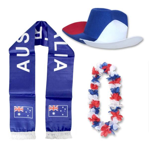 Sonia Originelli Fan-Paket "Australien" Australia WM EM Fußball Schal Hawaiikette Hut Fanartikel
