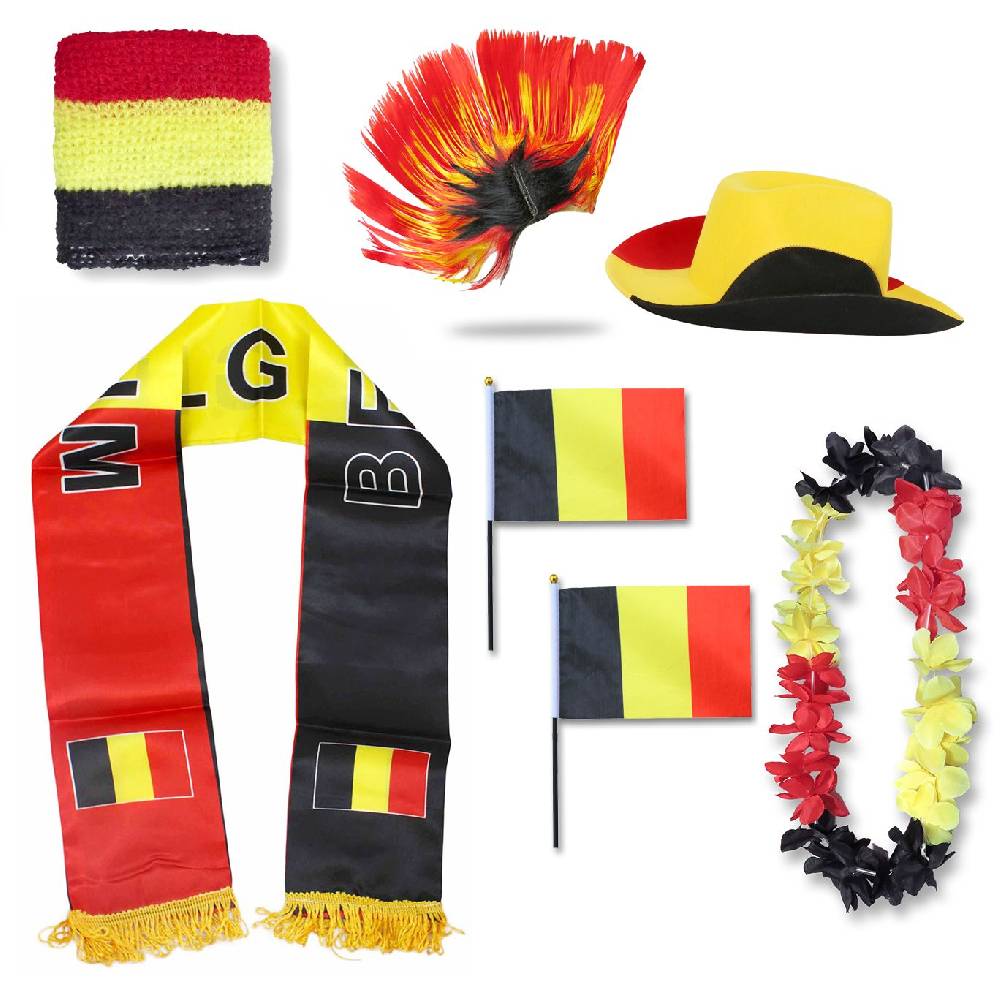 Sonia Originelli Fan-Paket "Belgien" Belgium WM EM Fußball Schal Hawaiikette Hut Schweissband Fahne Perücke