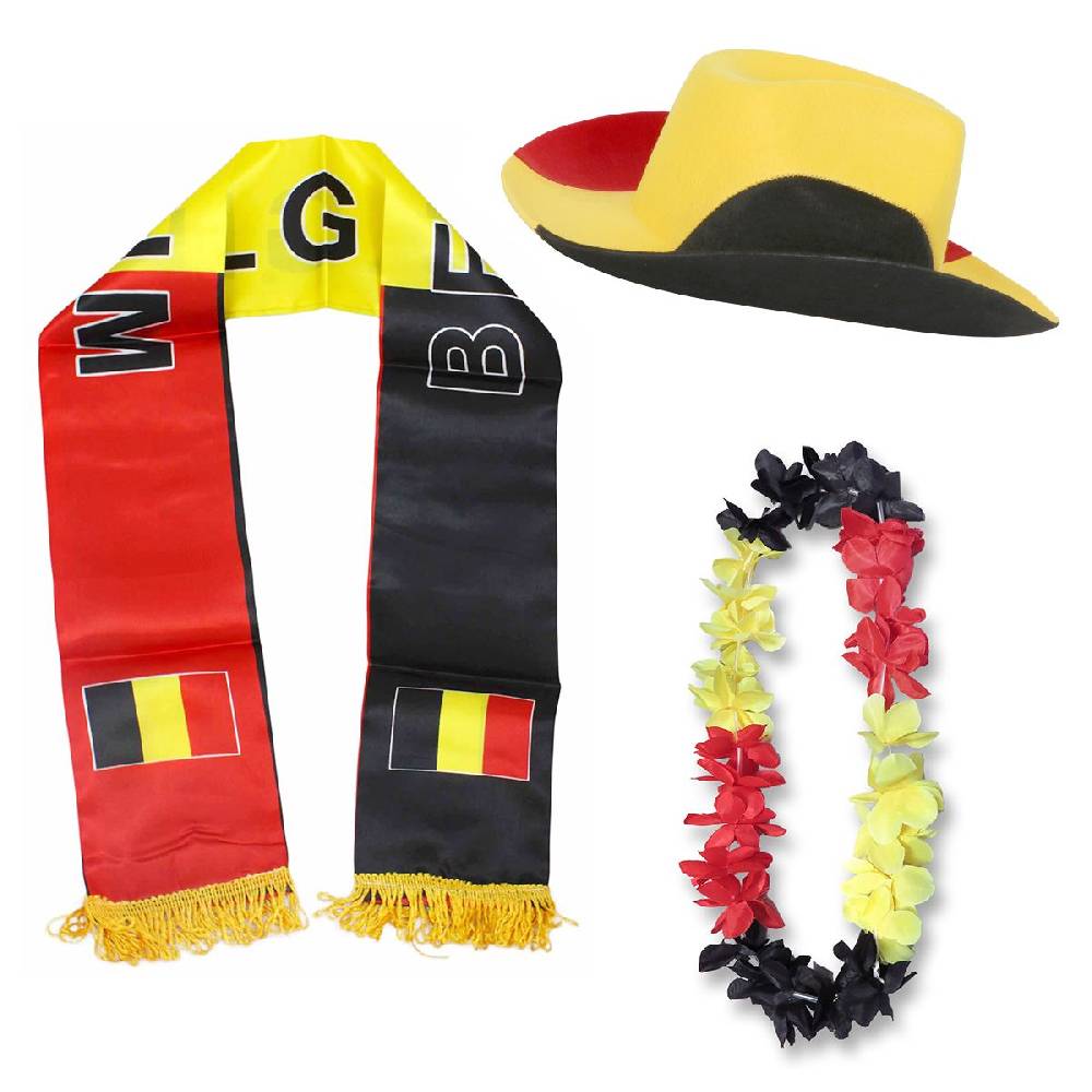 Sonia Originelli Fan-Paket "Belgien" Belgium WM EM Fußball Schal Hawaiikette Hut Fanartikel