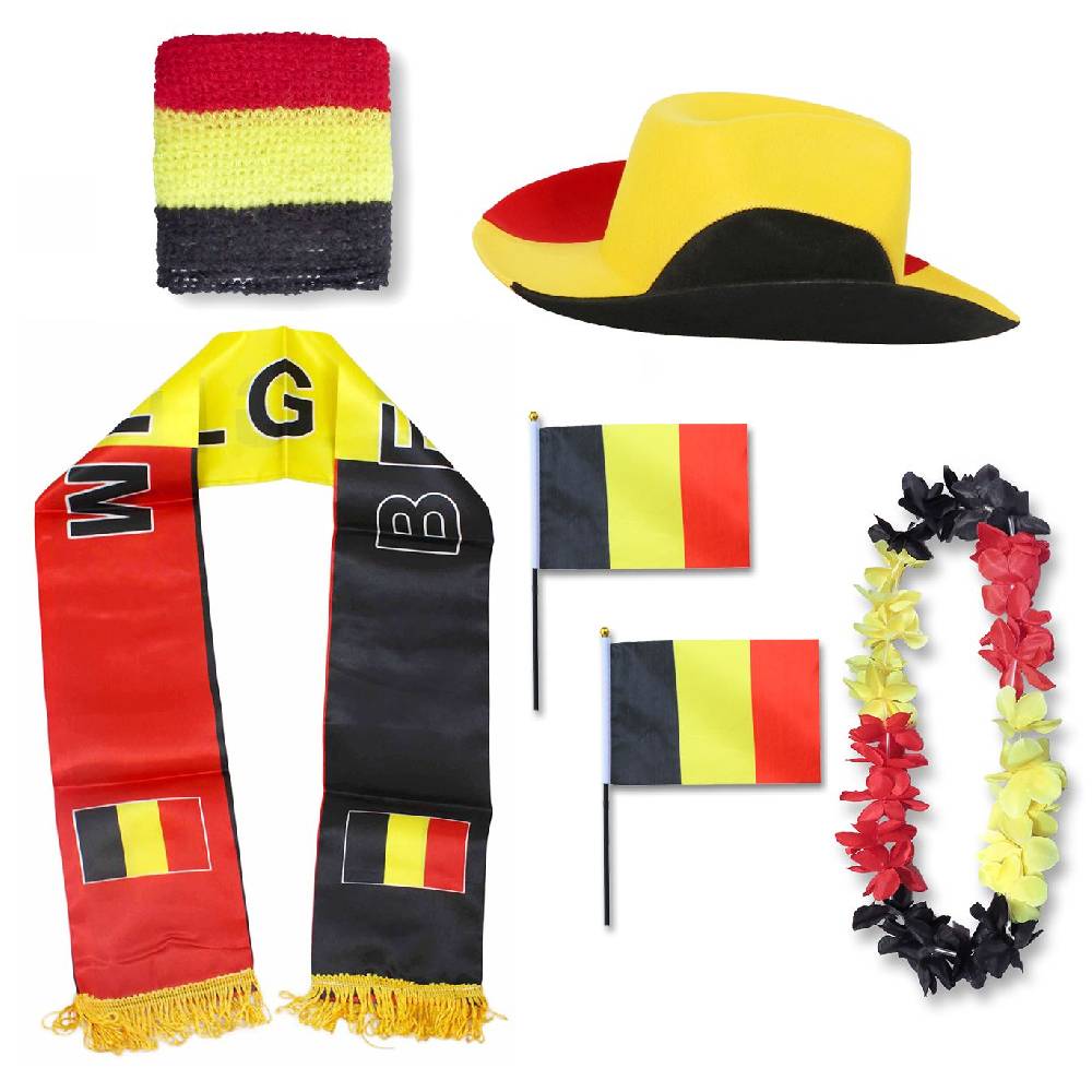 Sonia Originelli Fan-Paket "Belgien" Belgium WM EM Fußball Schal Hawaiikette Hut Schweissband Fahne Flagge