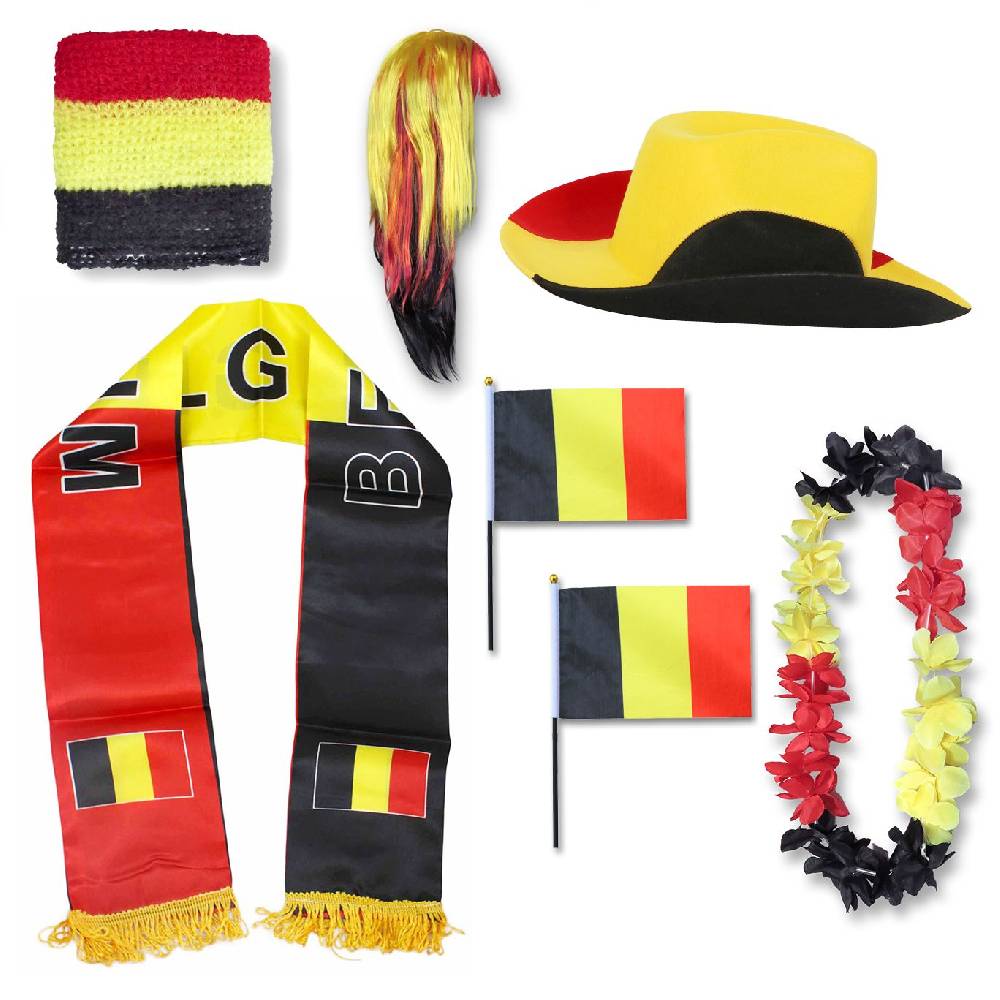 Sonia Originelli Fan-Paket "Belgien" Belgium WM EM Fußball Schal Hawaiikette Hut Schweissband Fahne Perücke
