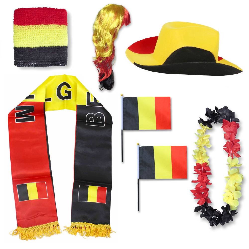 Sonia Originelli Fan-Paket "Belgien" Belgium WM EM Fußball Schal Hawaiikette Hut Schweissband Fahne Perücke