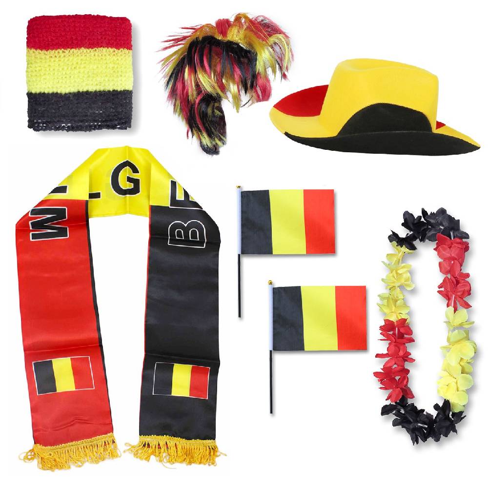 Sonia Originelli Fan-Paket "Belgien" Belgium WM EM Fußball Schal Hawaiikette Hut Schweissband Fahne Perücke