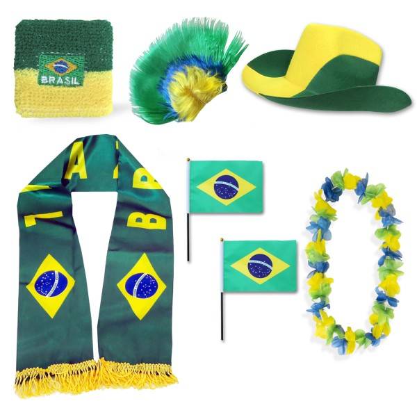 Sonia Originelli Fan-Paket "Brasilien" Brasil Brazil WM EM Fußball Schal Hawaiikette Hut Schweissband Fahne Iro Perüc
