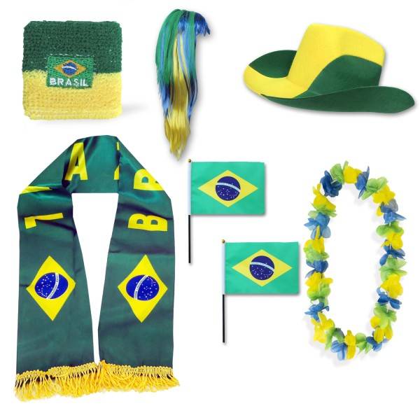 Sonia Originelli Fan-Paket "Brasilien" Brasil Brazil WM EM Fußball Schal Hawaiikette Hut Schweissband Fahne Iro Perücke