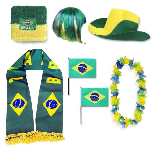 Sonia Originelli Fan-Paket "Brasilien" Brasil Brazil WM EM Fußball Schal Hawaiikette Hut Schweissband Fahne Perücke
