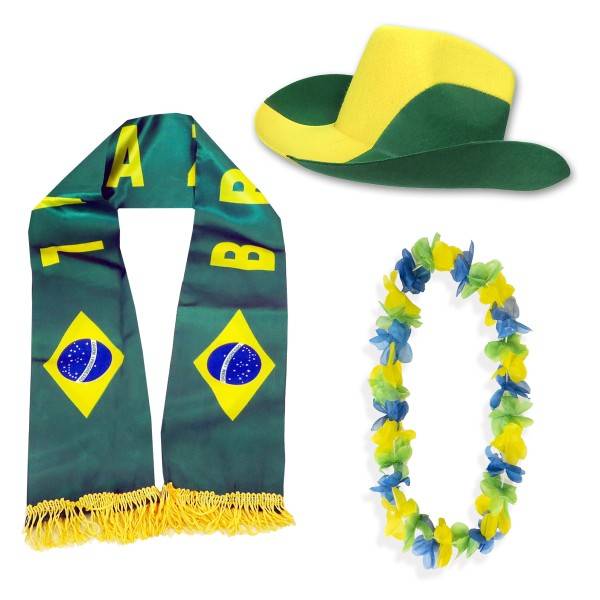 Sonia Originelli Fan-Paket "Brasilien" Brasil Brazil WM EM Fußball Schal Hawaiikette Hut Fanartikel