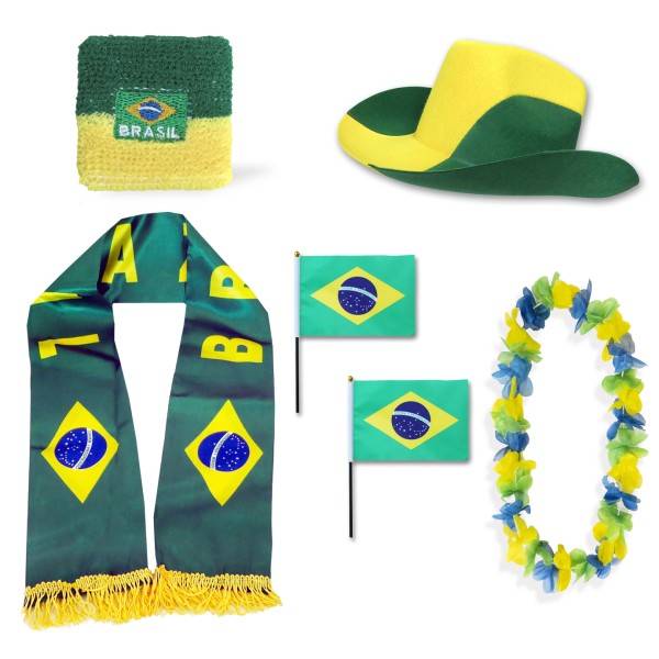 Sonia Originelli Fan-Paket "Brasilien" Brazil Brasil WM EM Fußball Schal Hawaiikette Hut Schweissband Fahne Flagge