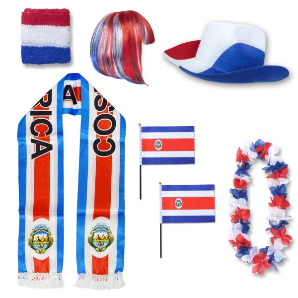 Sonia Originelli Fan-Paket "Costa Rica" WM EM Fußball Schal Hawaiikette Hut Schweissband Fahne Perücke