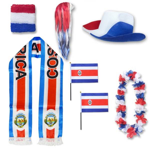 Sonia Originelli Fan-Paket "Costa Rica" WM EM Fußball Schal Hawaiikette Hut Schweissband Fahne Perücke