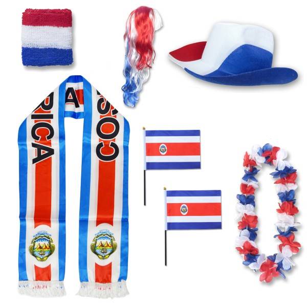 Sonia Originelli Fan-Paket "Costa Rica" WM EM Fußball Schal Hawaiikette Hut Schweissband Fahne Perücke