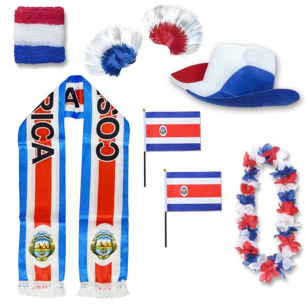 Sonia Originelli Fan-Paket "Costa Rica" WM EM Fußball Schal Hawaiikette Hut Schweissband Fahne Iro Perücke