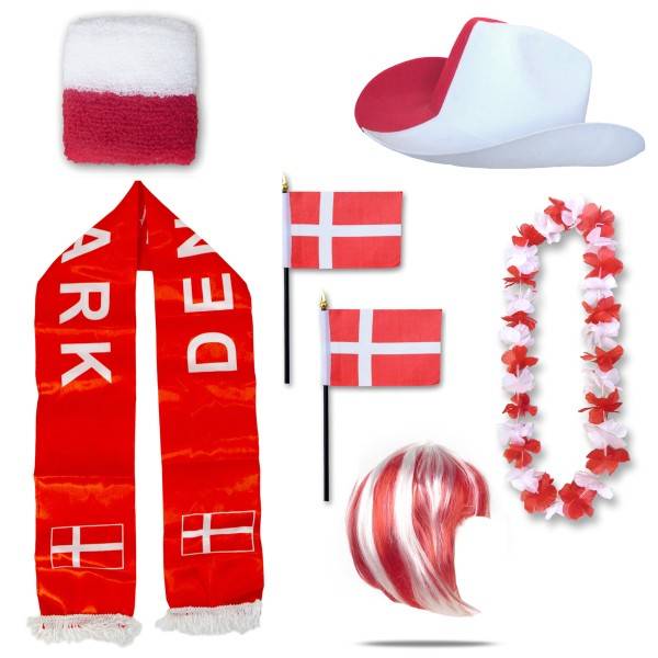 Sonia Originelli Fan-Paket "Dänemark" Denmark Dansk WM EM Fußball Schal Hawaiikette Hut Schweissband Fahne Perücke