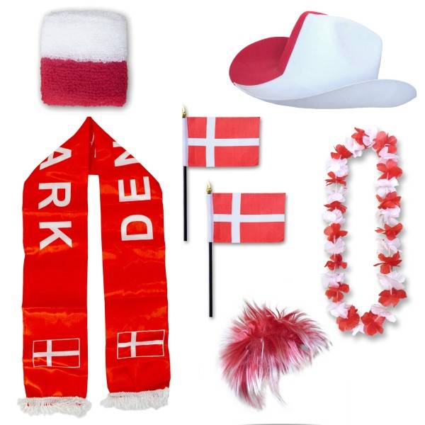 Sonia Originelli Fan-Paket "Dänemark" Denmark Dansk WM EM Fußball Schal Hawaiikette Hut Schweissband Fahne Perücke