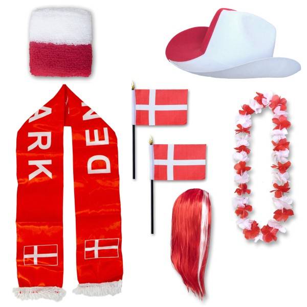 Sonia Originelli Fan-Paket "Dänemark" Denmark Dansk WM EM Fußball Schal Hawaiikette Hut Schweissband Fahne Perücke