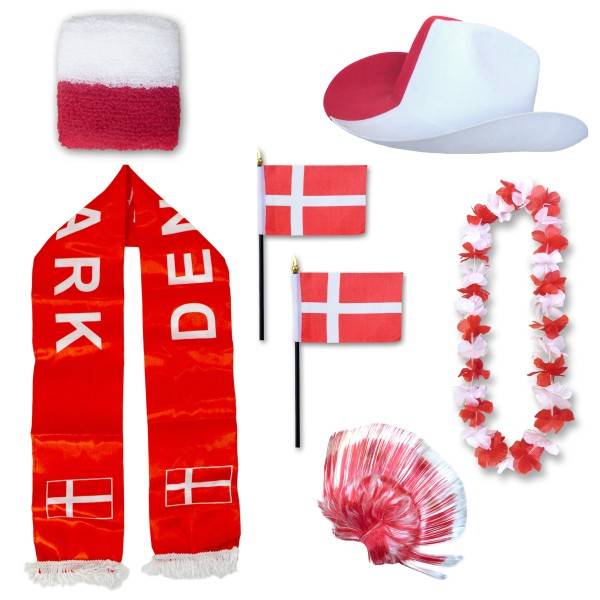 Sonia Originelli Fan-Paket "Dänemark" Denmark Dansk WM EM Fußball Schal Hawaiikette Hut Schweissband Fahne Perücke