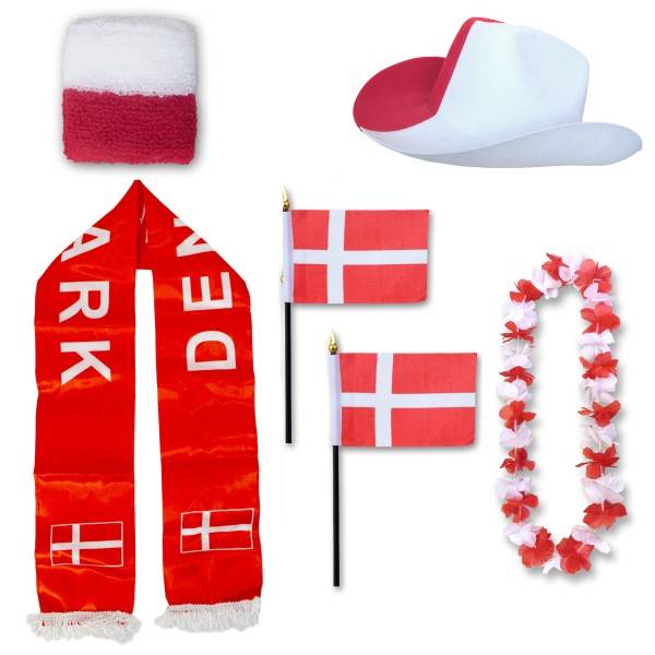 Sonia Originelli Fan-Paket "Dänemark" Denmark Dansk WM EM Fußball Schal Hawaiikette Hut Schweissband Fahne Flagge