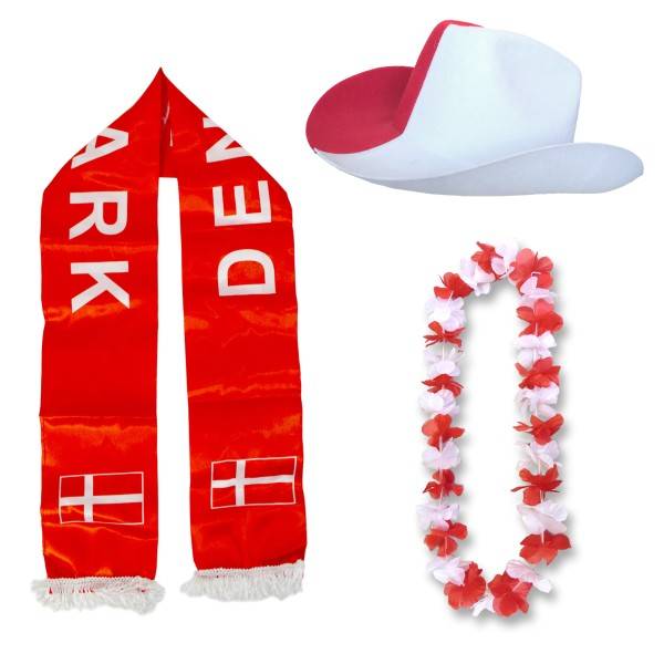 Sonia Originelli Fan-Paket "Dänemark" Denmark WM EM Fußball Schal Hawaiikette Hut Fanartikel