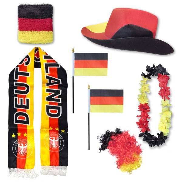 Sonia Originelli Fan-Paket "Deutschland" Germany WM EM Fußball Schal Hawaiikette Hut Schweissband Fahne Perücke