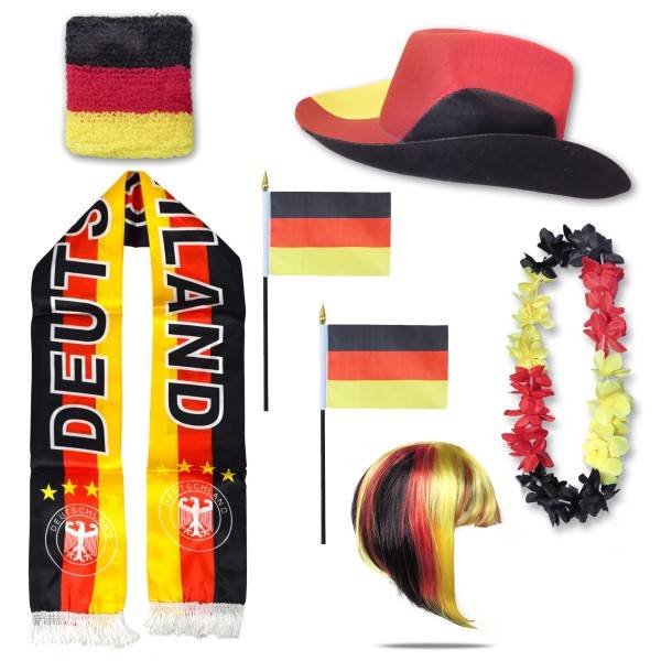 Sonia Originelli Fan-Paket "Deutschland" Germany WM EM Fußball Schal Hawaiikette Hut Schweissband Fahne Perücke