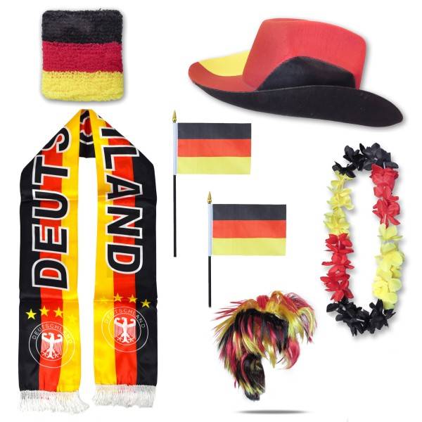 Sonia Originelli Fan-Paket "Deutschland" Germany WM EM Fußball Schal Hawaiikette Hut Schweissband Fahne Perücke